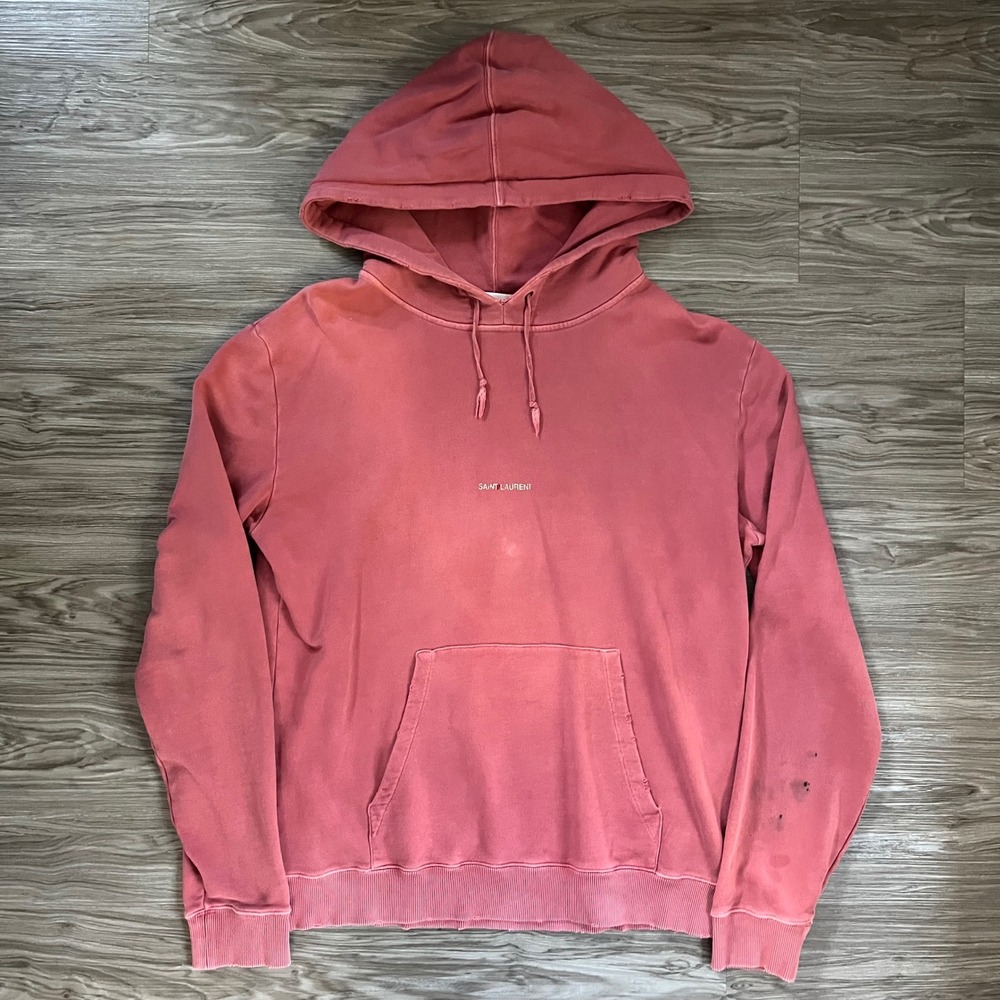 Saint Laurent Paris Mens Logo Hoodie Faded Pink Distressed Sweatshirt L 532119